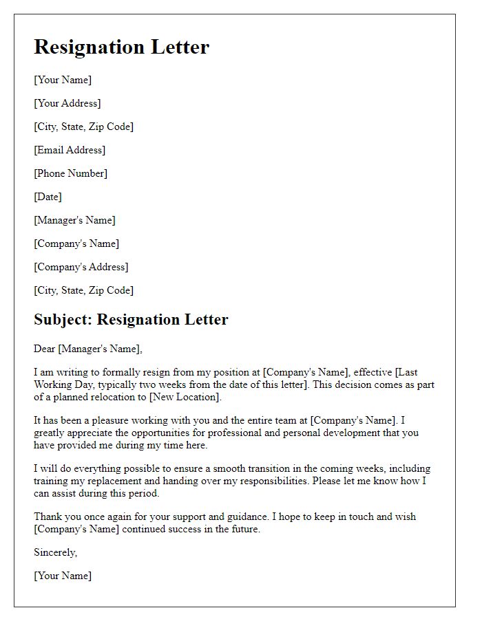 Letter template of resignation as part of a planned relocation.