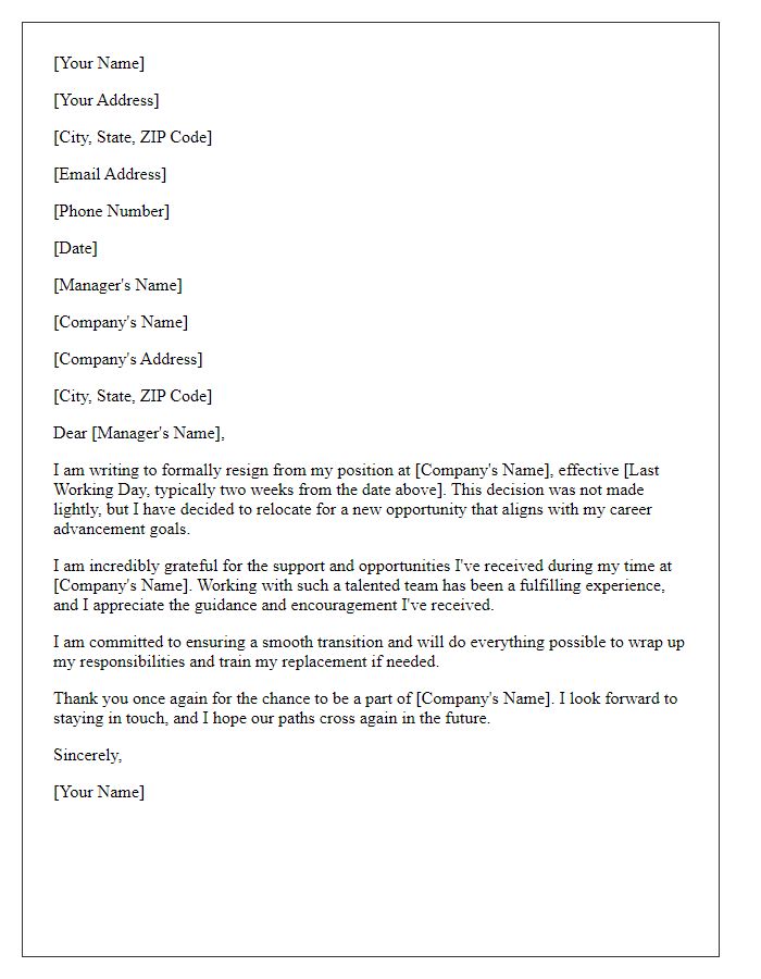 Letter template of resignation due to relocation for career advancement.