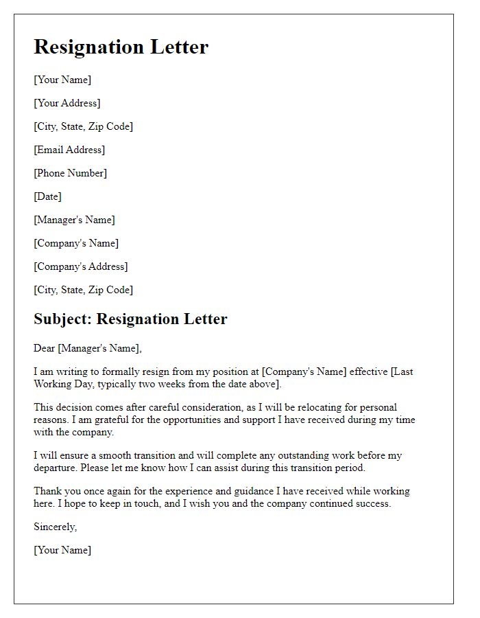 Letter template of resignation for personal reasons related to moving.