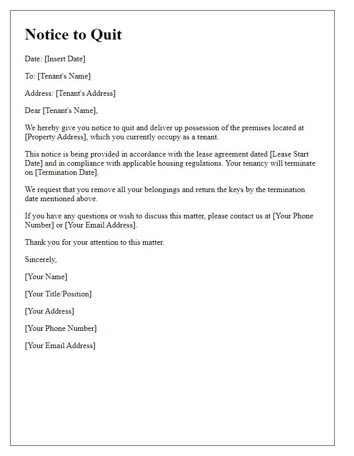 Letter template of notice to quit for tenants