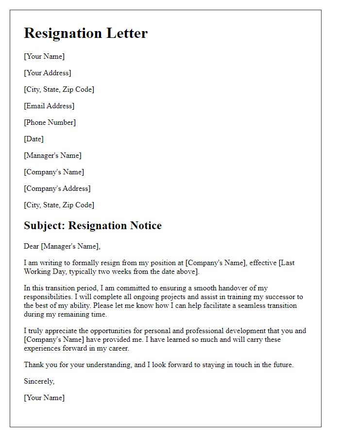 Letter template of resignation addressing transition and settlement