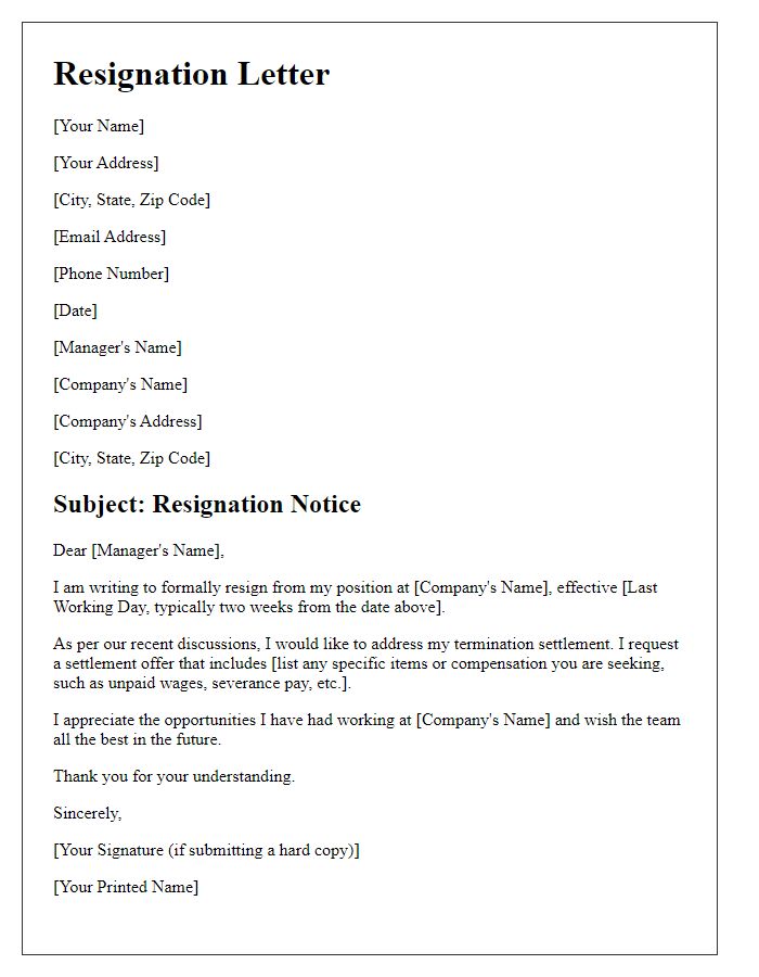 Letter template of resignation detailing termination and settlement offer