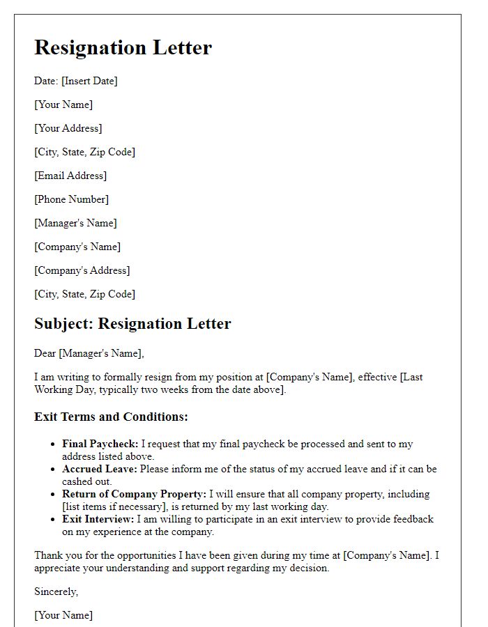 Letter template of resignation featuring exit terms and conditions