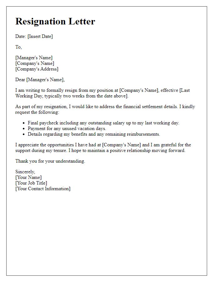 Letter template of resignation including financial settlement details