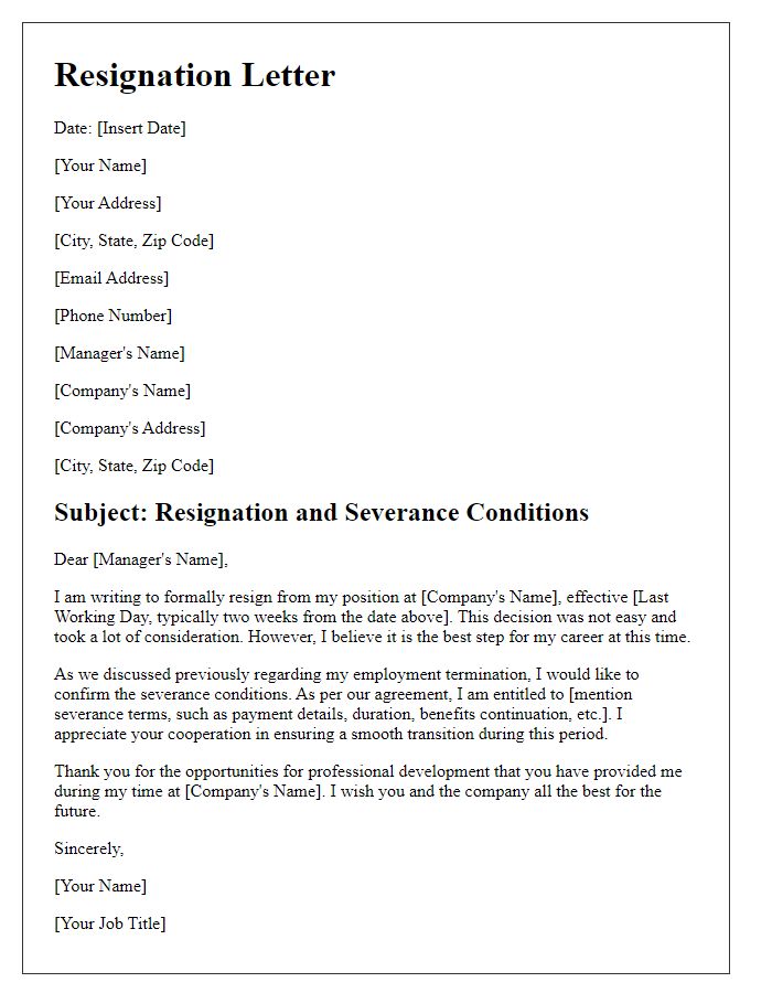 Letter template of resignation outlining severance conditions