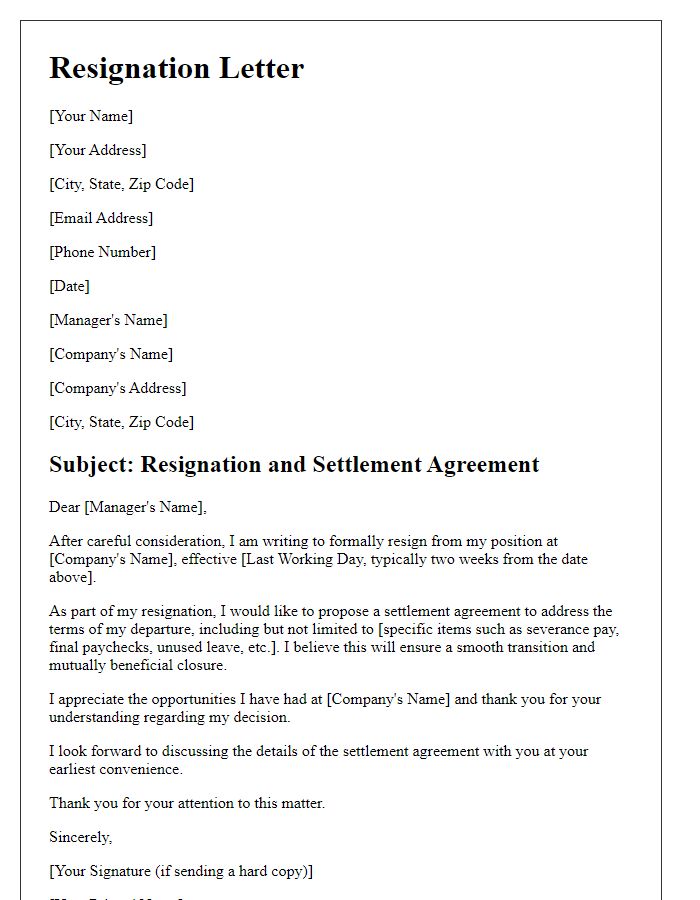 Letter template of resignation with settlement agreement