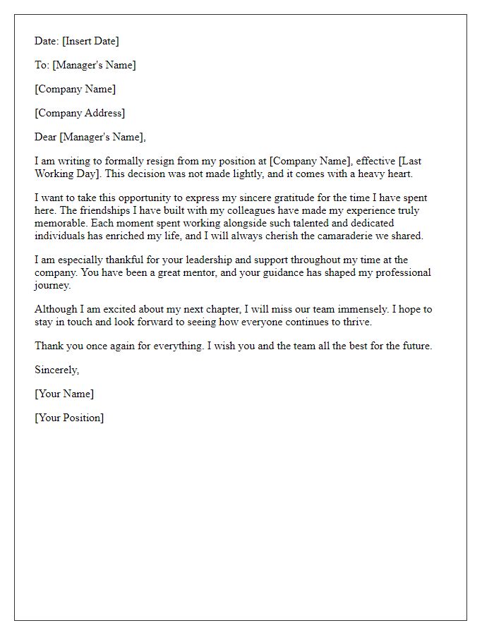 Letter template of resignation expressing appreciation for friendships