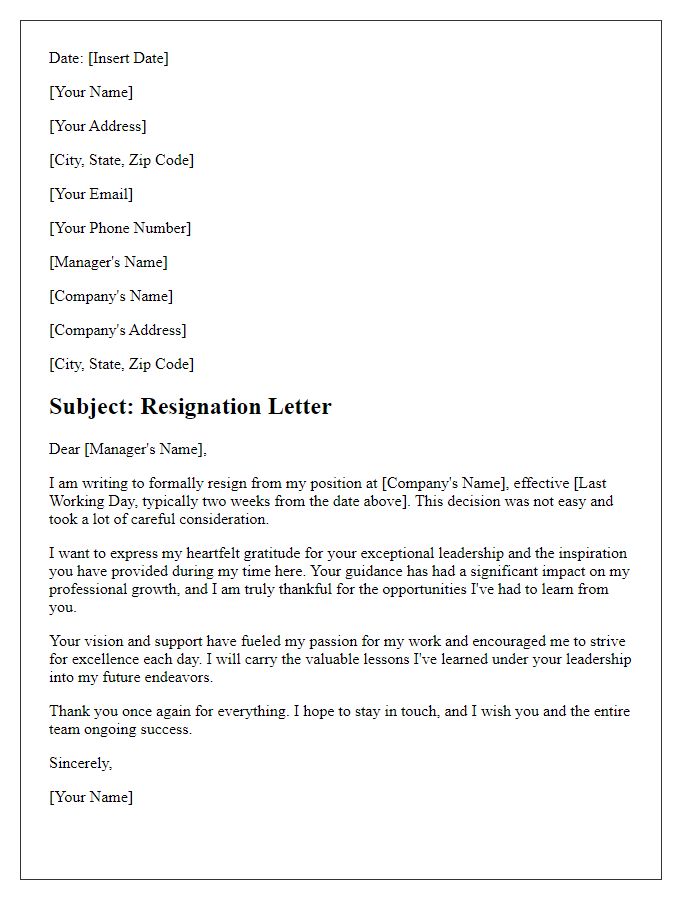 Letter template of resignation recognizing leadership and inspiration