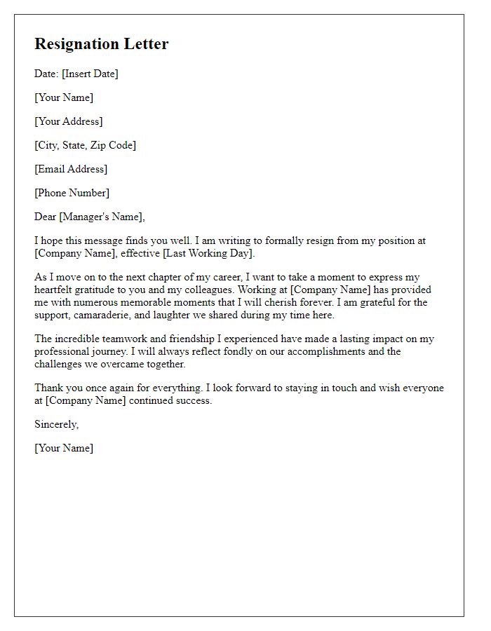 Letter template of resignation thanking colleagues for memorable moments