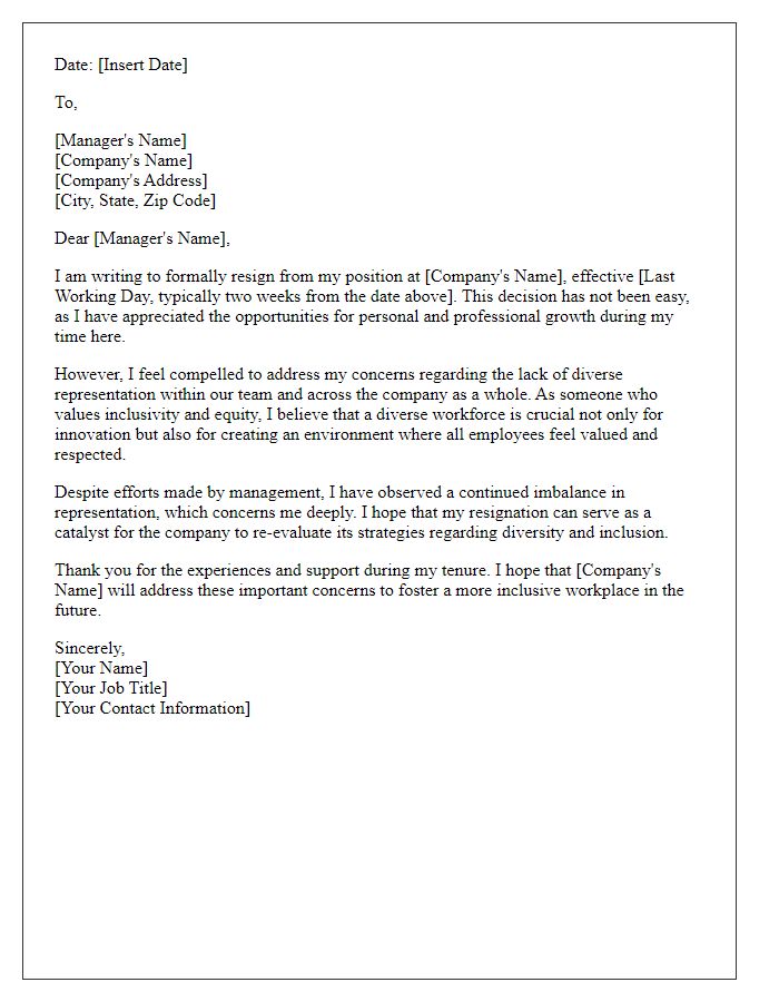 Letter template of resignation addressing concerns over diverse representation.