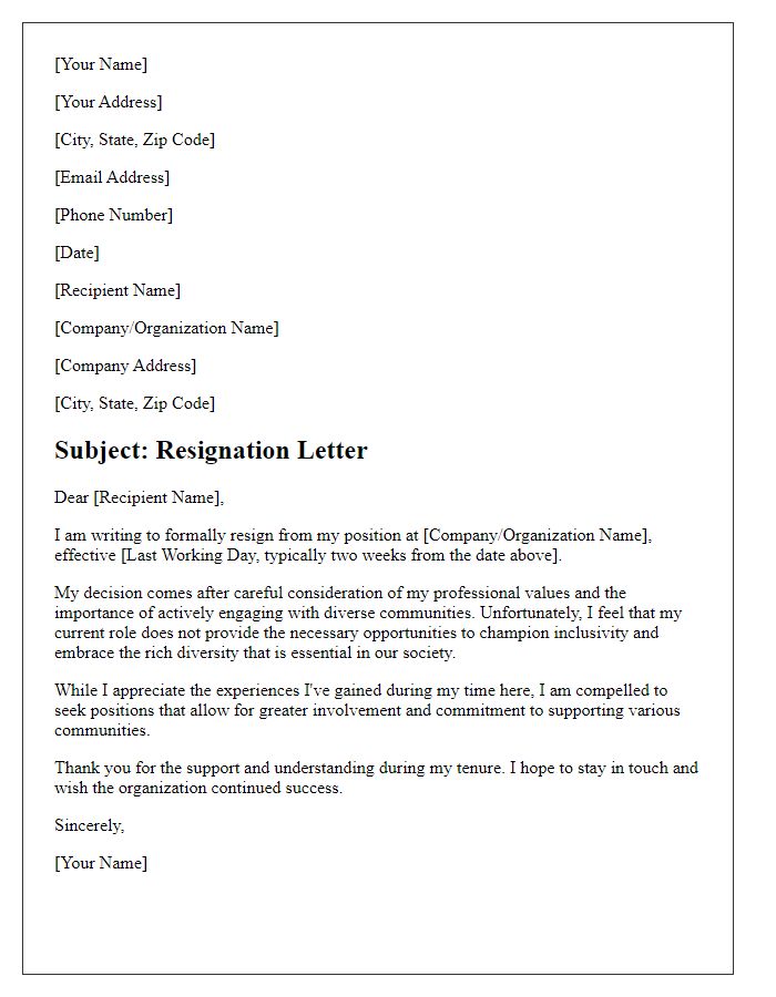 Letter template of resignation concerning minimal engagement with diverse communities.