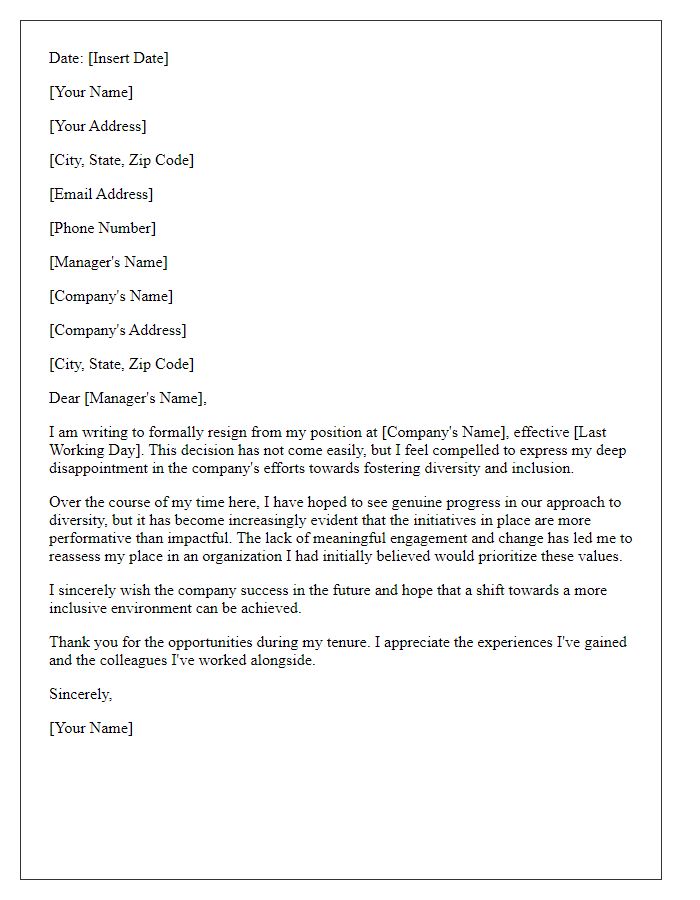 Letter template of resignation expressing disappointment in diversity efforts.