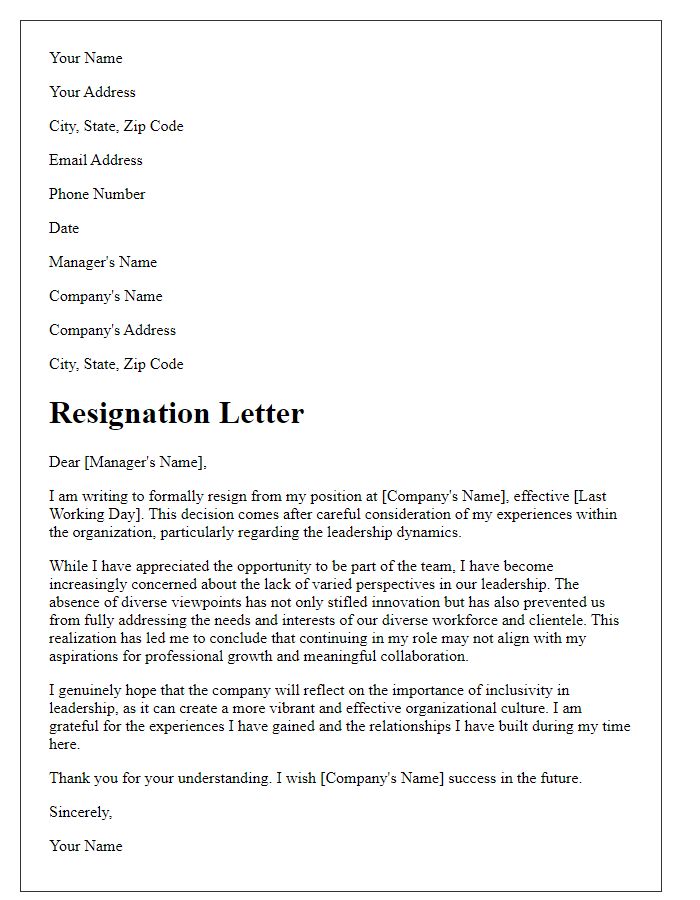 Letter template of resignation focusing on the lack of varied perspectives in leadership.