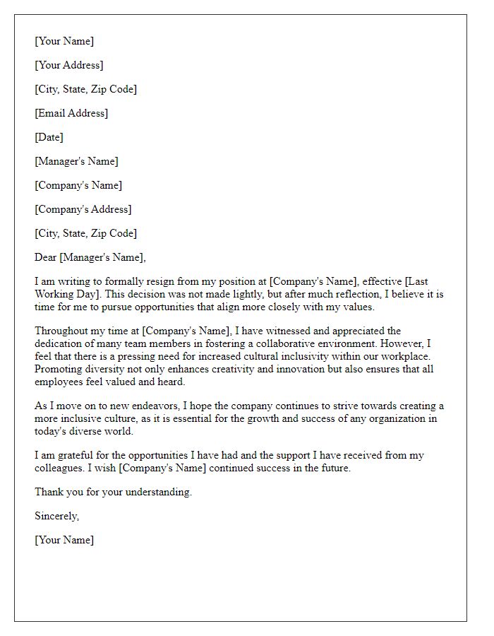 Letter template of resignation highlighting the need for increased cultural inclusivity.