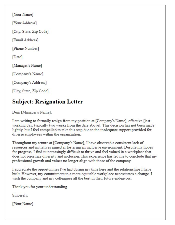 Letter template of resignation in response to inadequate support for diverse employees.