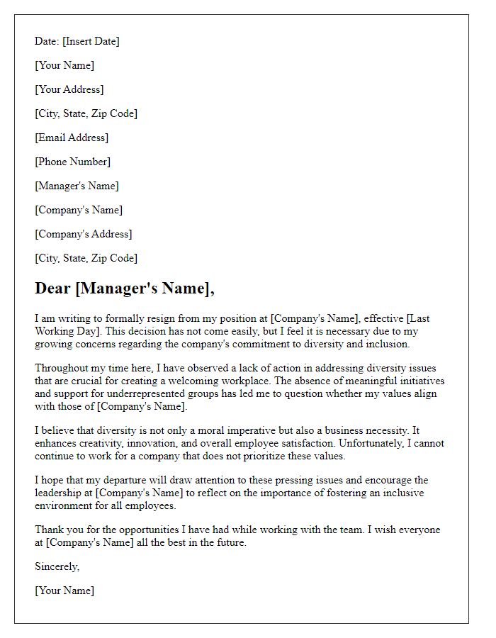 Letter template of resignation questioning the commitment to diversity and inclusion.