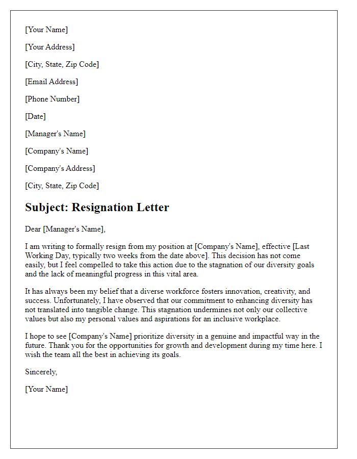 Letter template of resignation related to the stagnation of diversity goals.