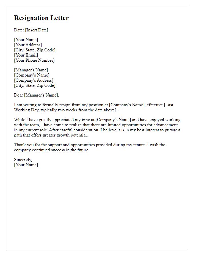 Letter template of resignation citing lack of advancement prospects