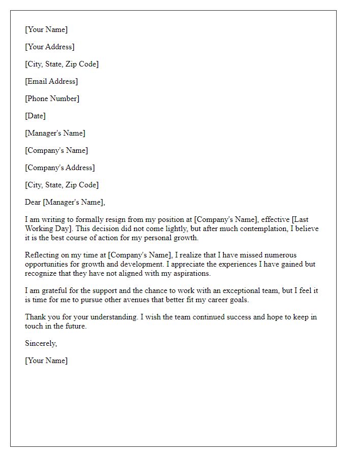 Letter template of resignation reflecting on missed growth opportunities