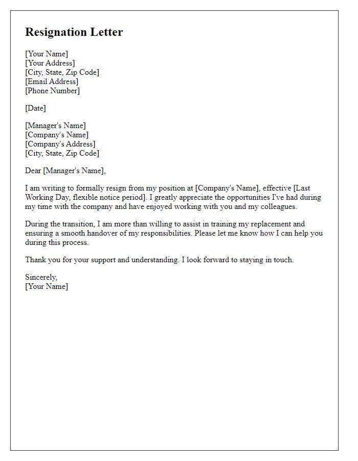 Letter template of resignation with a flexible notice period