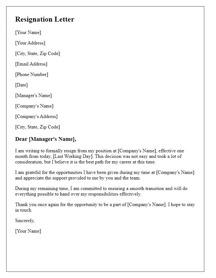 Letter template of resignation with one-month notice period