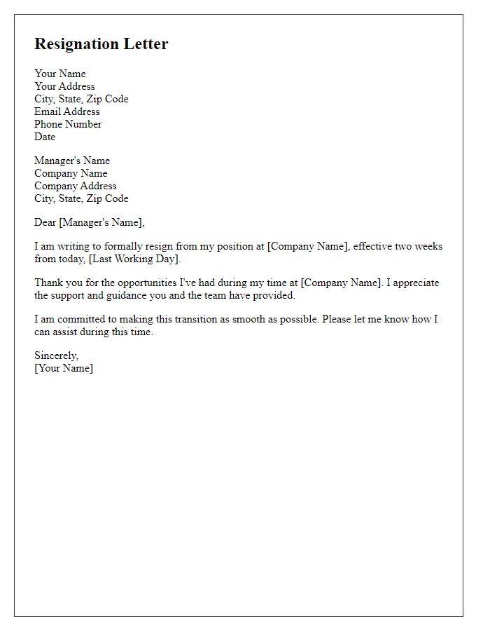 Letter template of resignation with a two-week notice