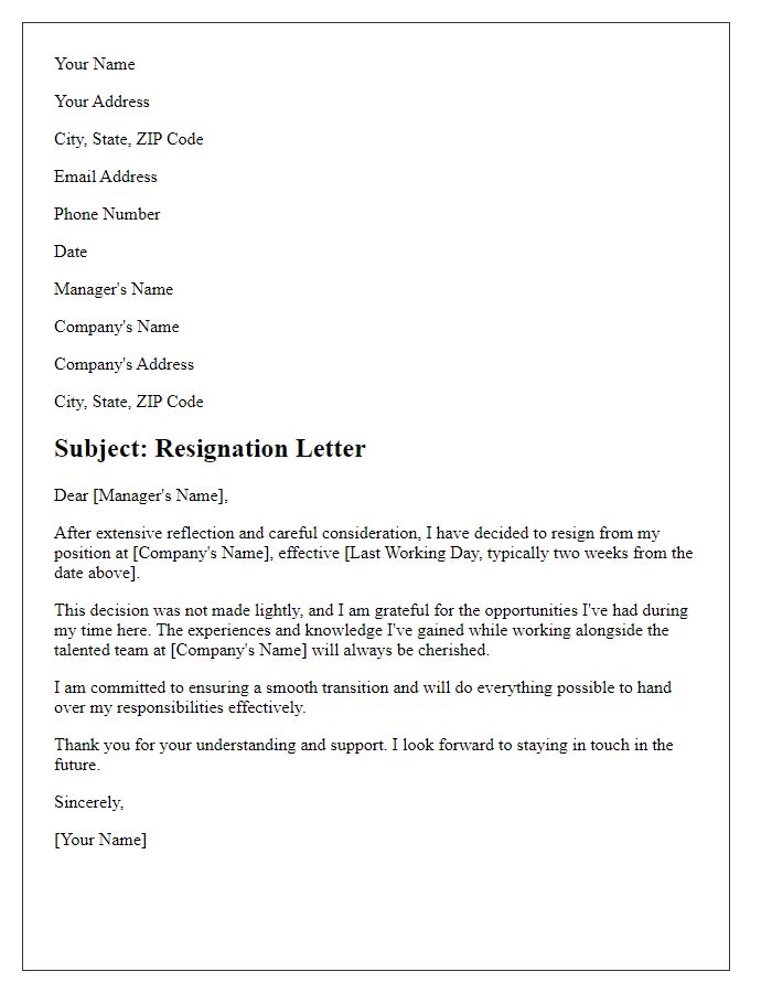 Letter template of resignation after extensive reflection