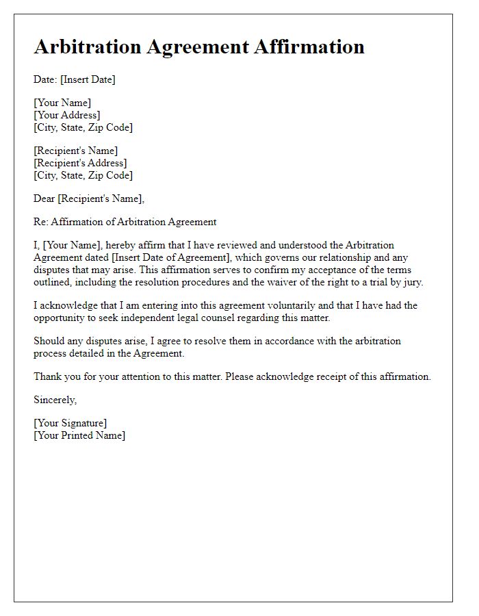 Letter template of arbitration agreement affirmation for legal clarity.