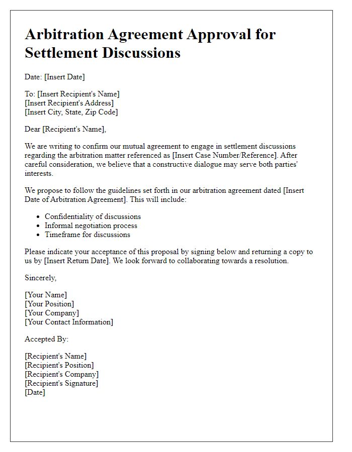 Letter template of arbitration agreement approval for settlement discussions.