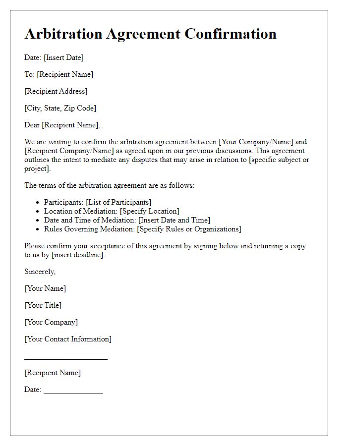 Letter template of arbitration agreement confirmation for mediation purposes.