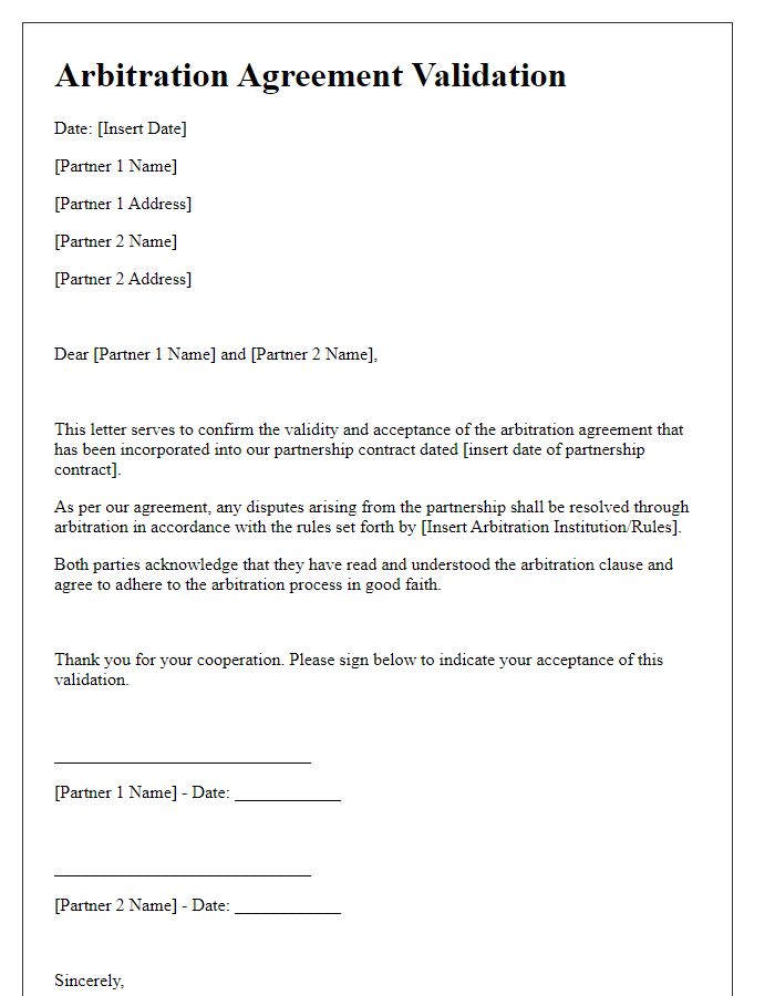 Letter template of arbitration agreement validation for partnership contracts.