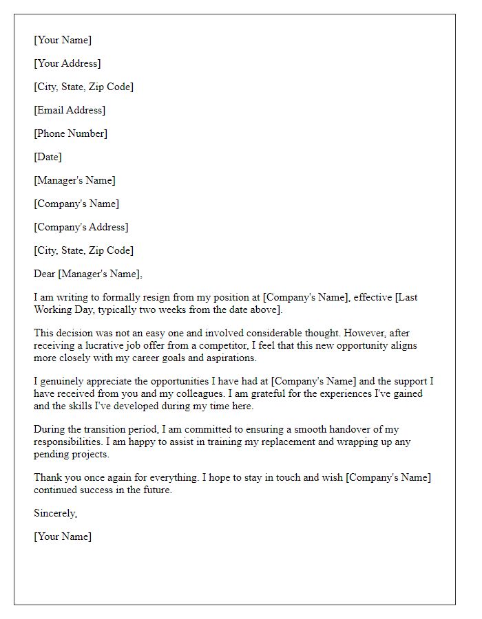 Letter template of resignation after receiving a lucrative job offer from a competitor