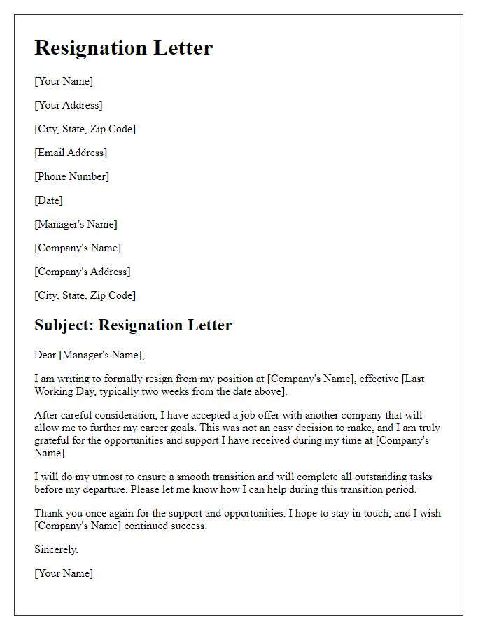 Letter template of resignation due to acceptance of competing job offer