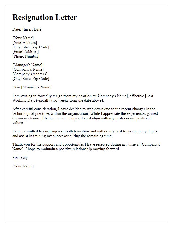 Letter template of resignation concerning changes in tech practices