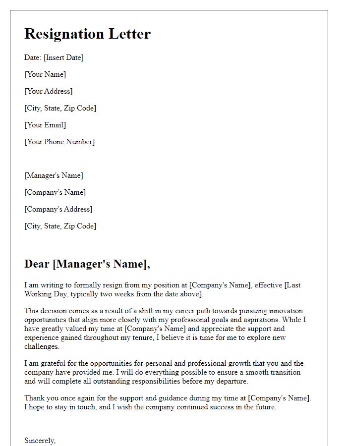 Letter template of resignation stemming from innovation in the workplace