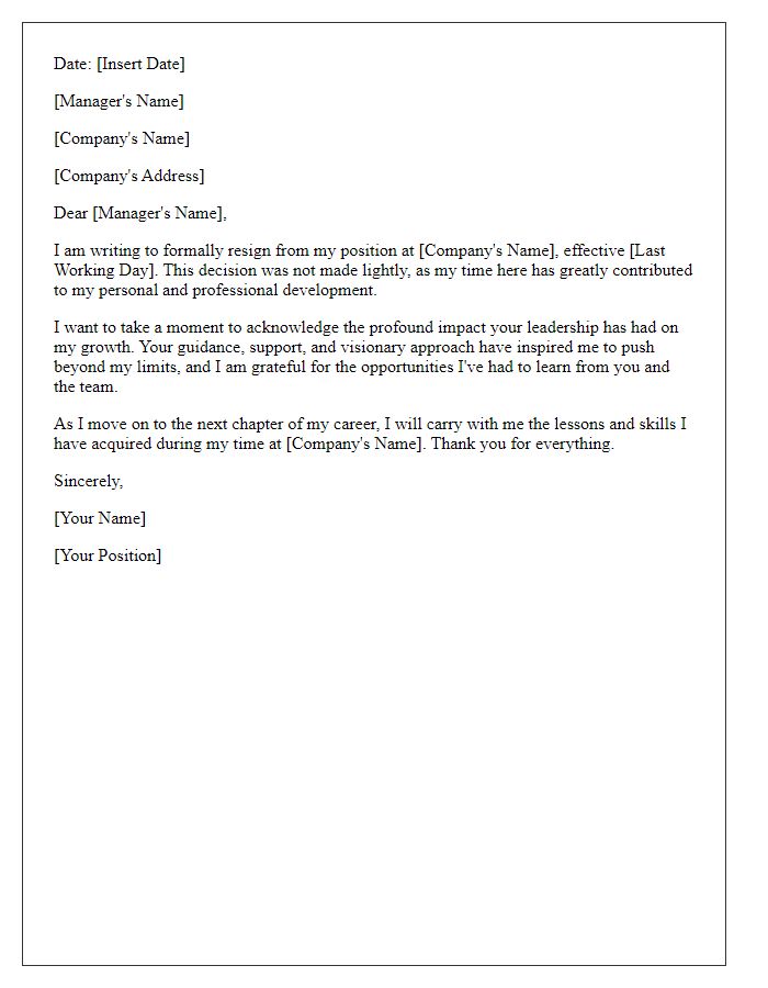 Letter template of resignation acknowledging the impact of leadership on personal development.