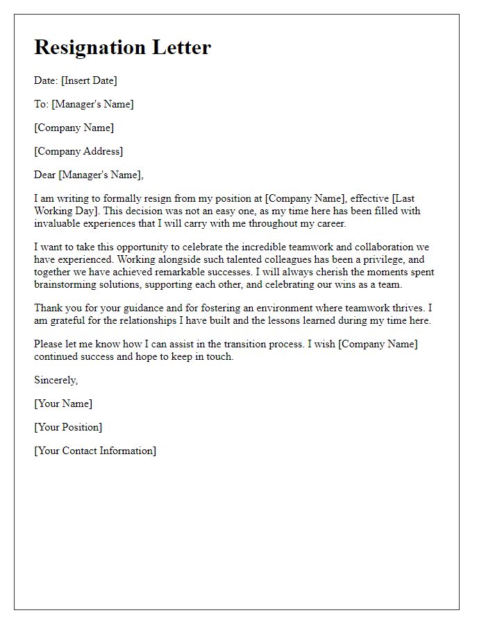 Letter template of resignation celebrating teamwork and collaboration experiences.