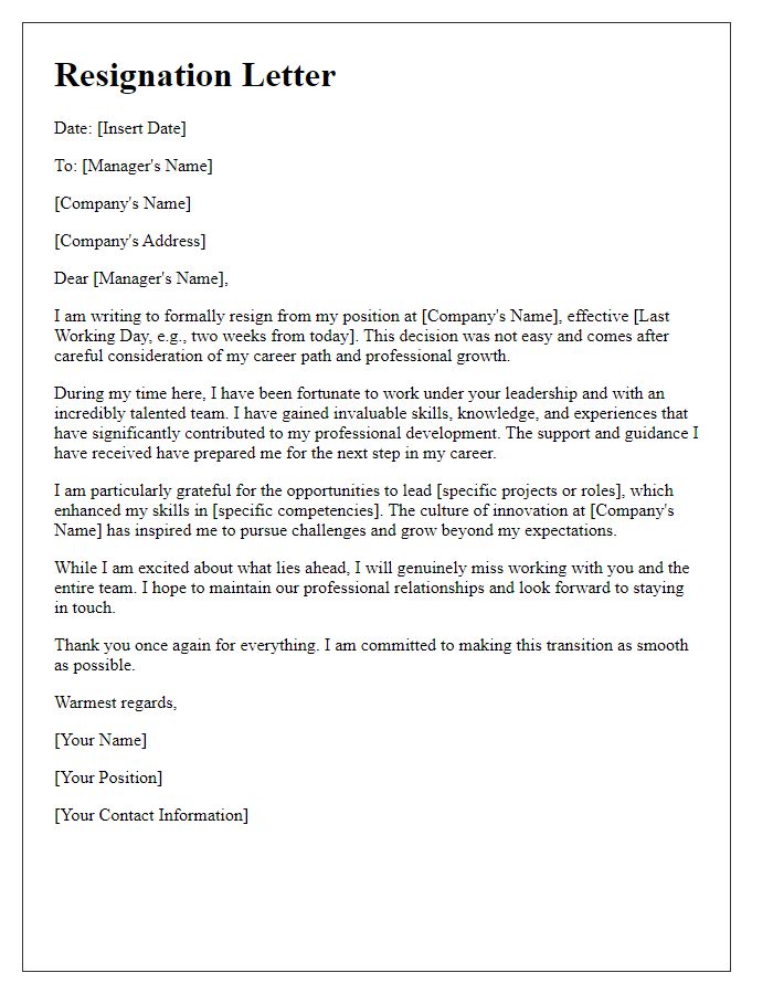 Letter template of resignation highlighting professional growth gained from the employer.