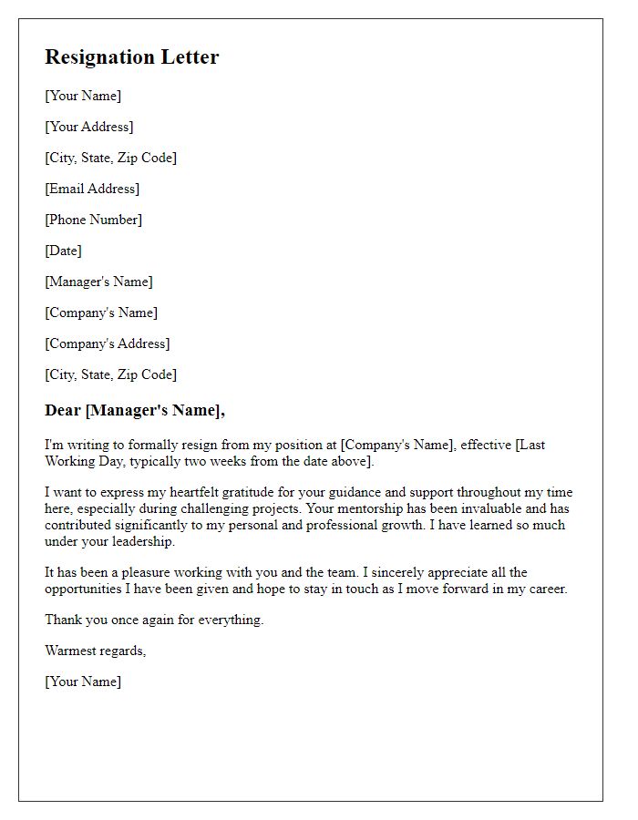 Letter template of resignation thanking for guidance during challenging projects.