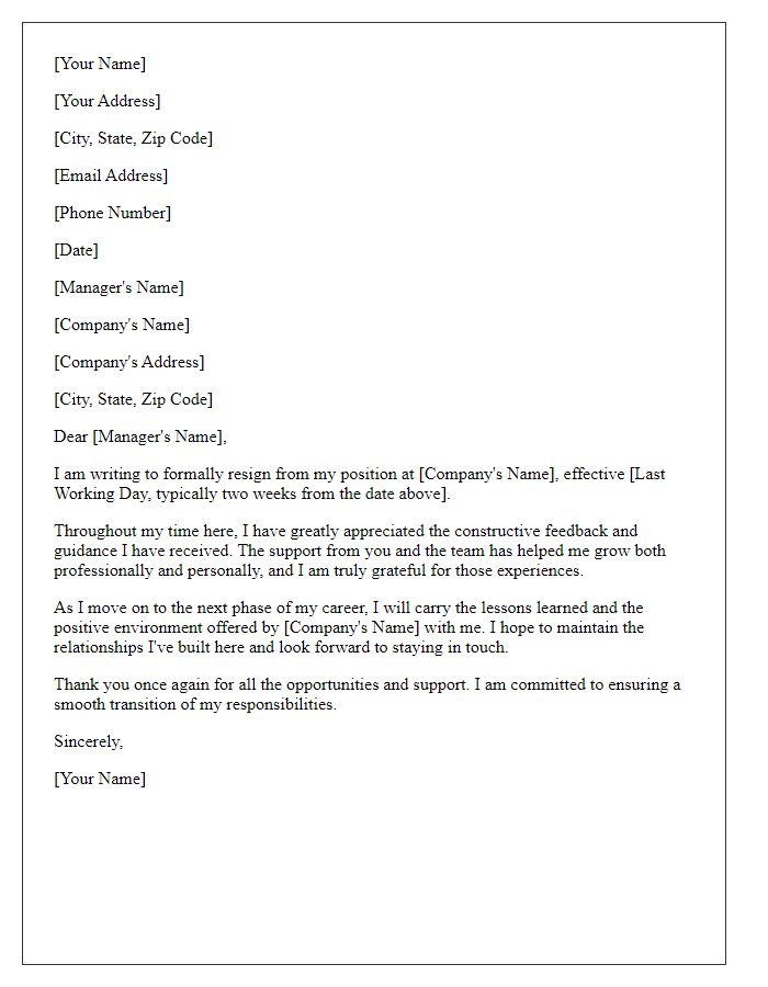 Letter template of resignation valuing the constructive feedback received during employment.