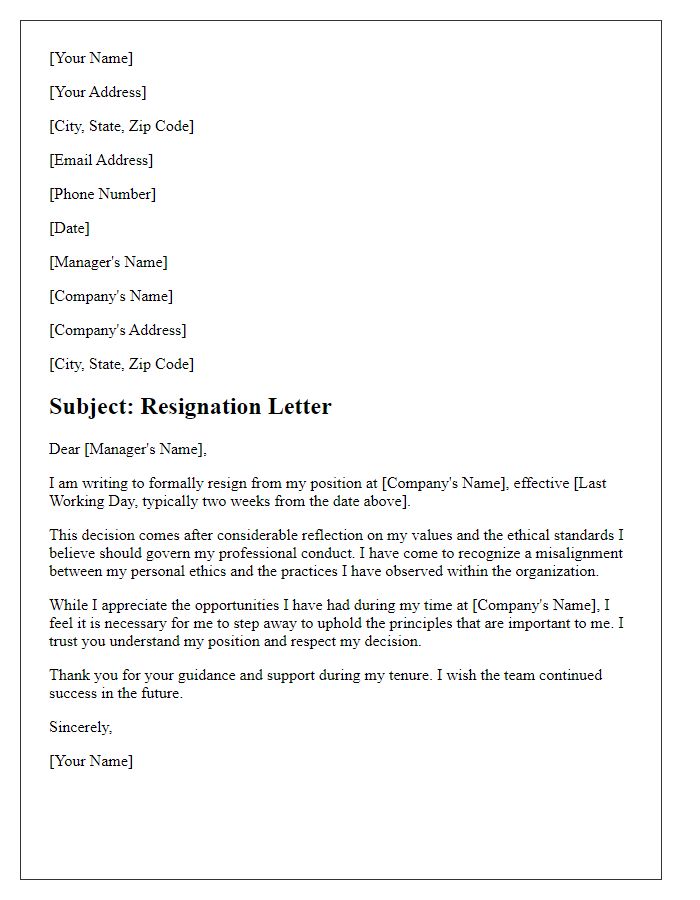 Letter template of resignation based on ethical misalignment.