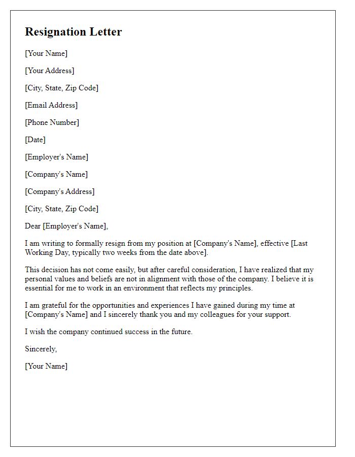 Letter template of resignation because of conflicting values.