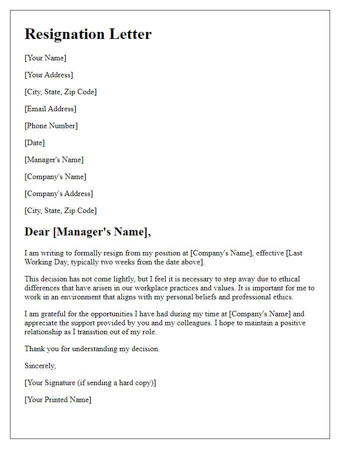 Letter template of resignation citing ethical differences.