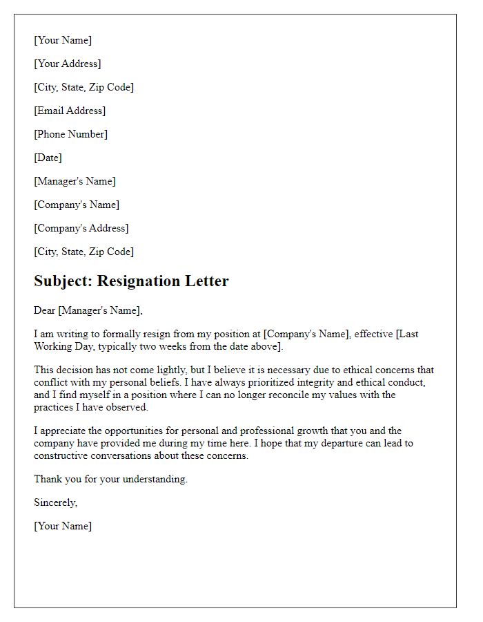 Letter template of resignation driven by personal ethics concerns.