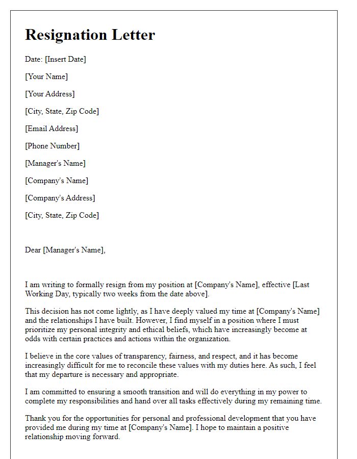 Letter template of resignation due to moral disagreements at work.