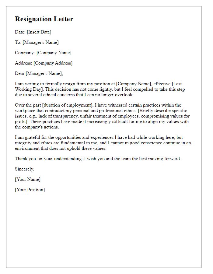 Letter template of resignation highlighting ethical issues in the workplace.