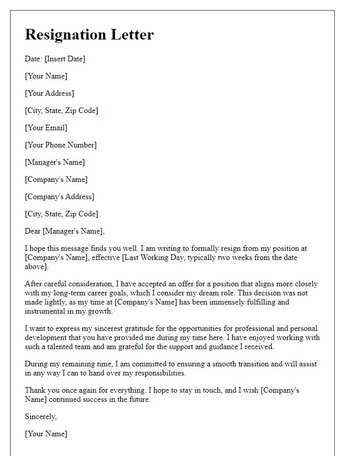 Letter template of resignation based on acceptance of dream role