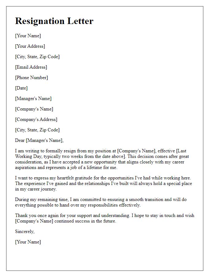 Letter template of resignation following job of a lifetime acceptance