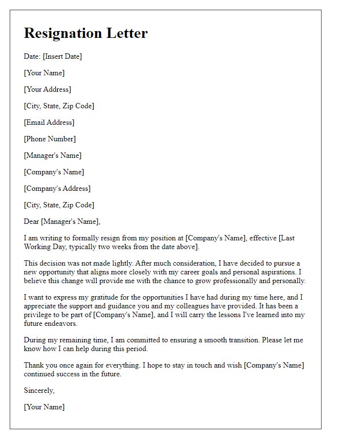 Letter template of resignation citing the motivation for workplace change