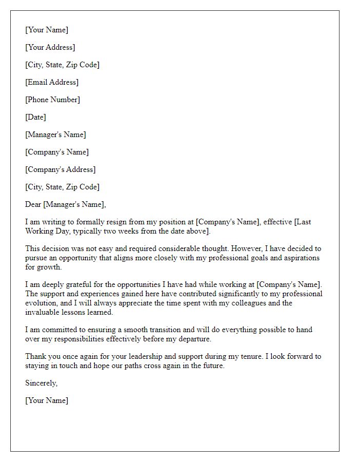 Letter template of resignation emphasizing a desire for professional evolution